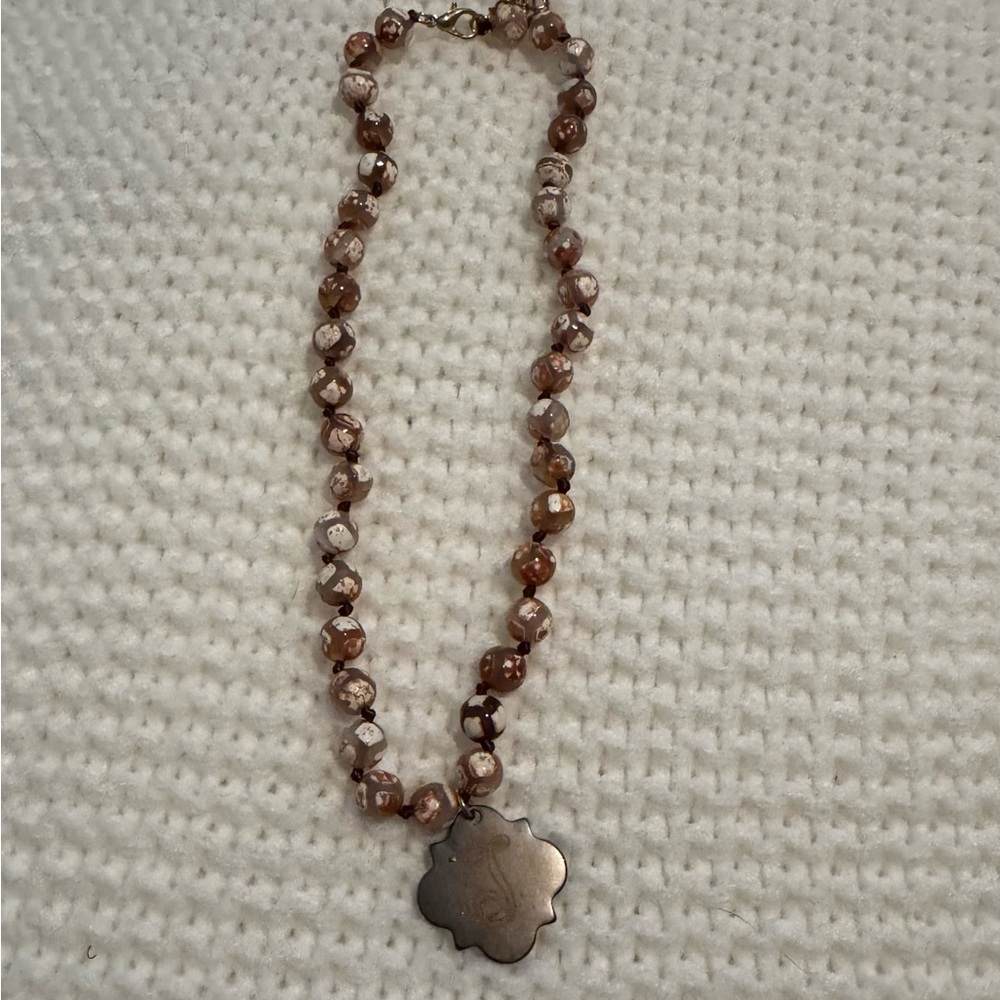 Elegant Brown Beaded Necklace with Floral “T” Pendant